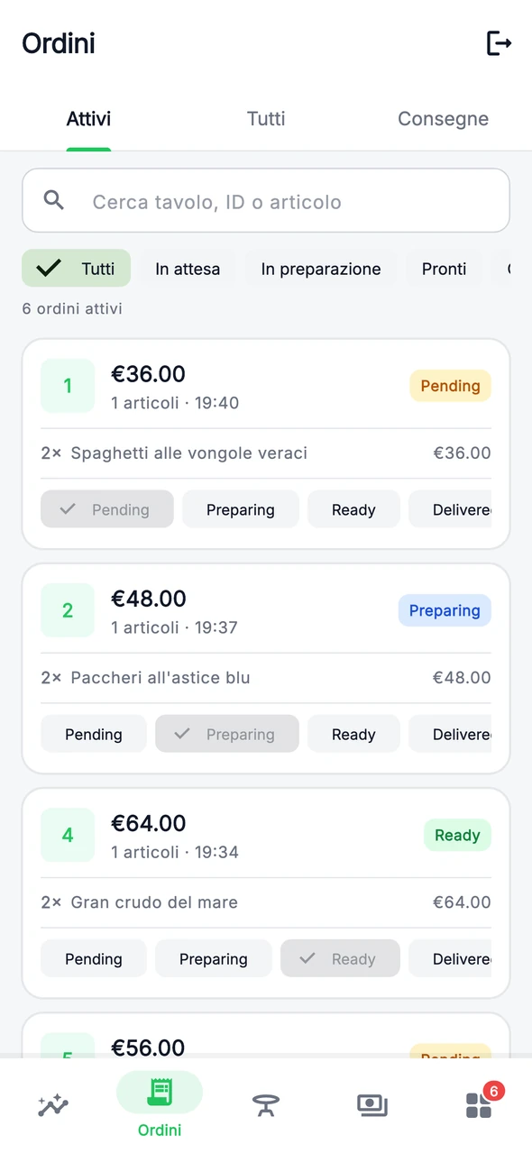 FastMenu su smartphone: ordini e stati di preparazione con dati demo